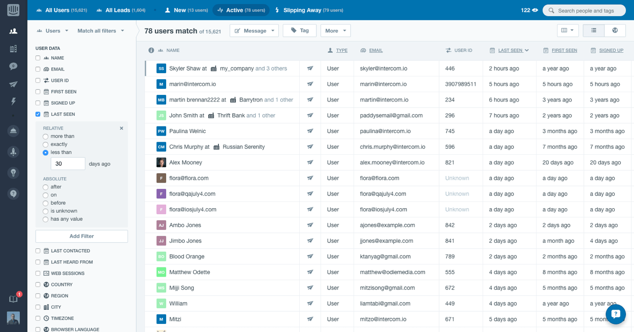 The user list in the Intercom web app